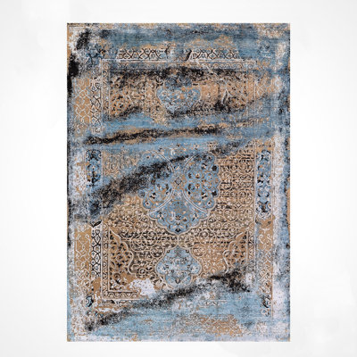 Original Hand Knotted Oxidised Pattern Blue Wool and Silk Rug