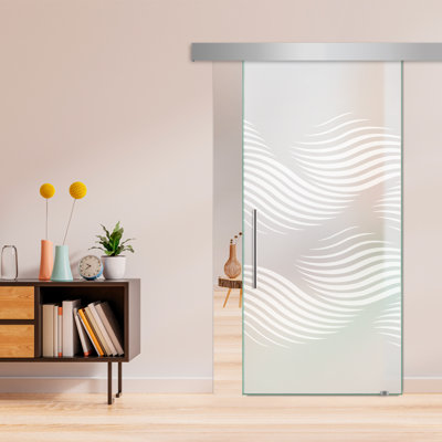 Porte de grange coulissante en verre sans cadre avec design moderne givré + ensemble de quincaillerie (double-privé)
