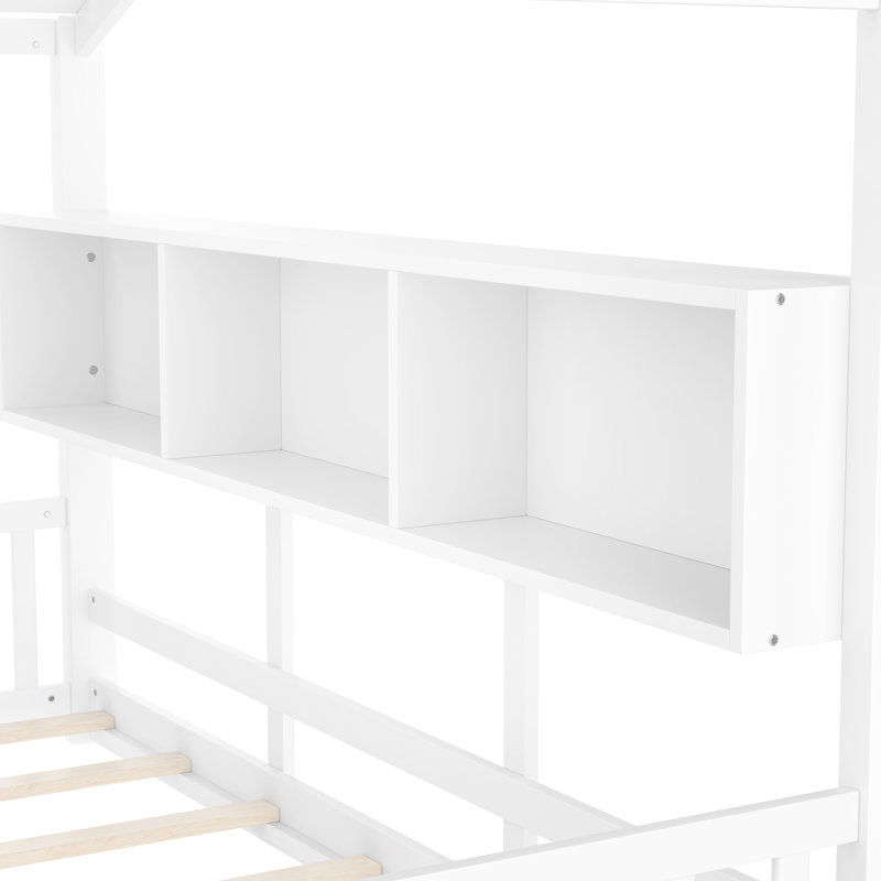 Twin Size Floor House Bed, Bed With Semi - Enclosed Play Area, Storage Shelf, Construction White For , Space, Pine Frame