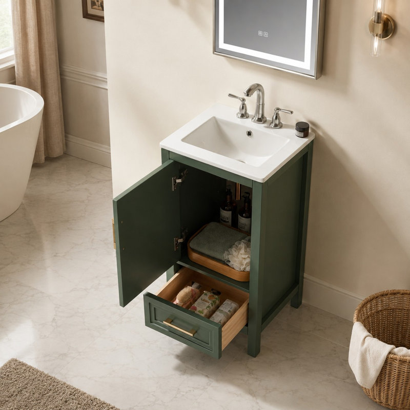 Meuble-lavabo autoportant en bois massif de 45,7 cm (18 pouces) avec comptoir, vert, entièrement assemblé, Vert, Doré