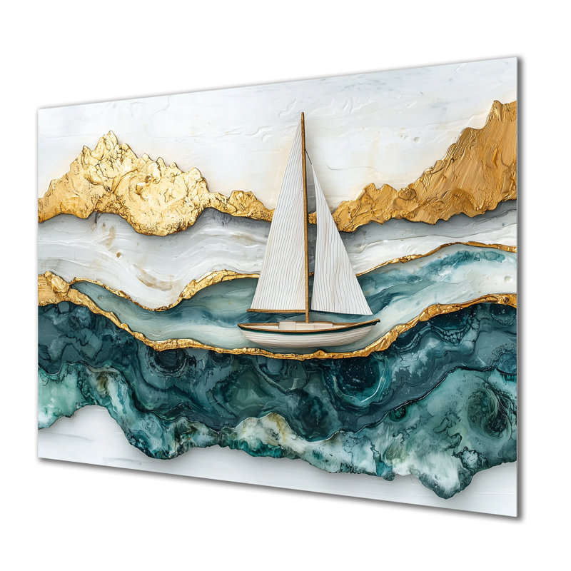Golden Sailboat On Emerald Ocean IV - Boat Print On Metal, H 30 po x l 40 po