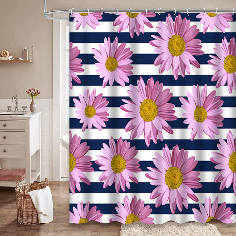 Rideau de douche à motif de marguerites roses à 12 crochets, L 72 po x l 84 po