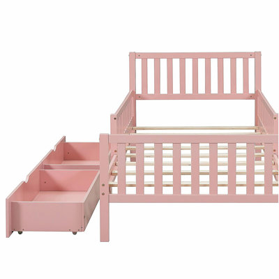 Wooden platform bed with side guards and two storage drawers