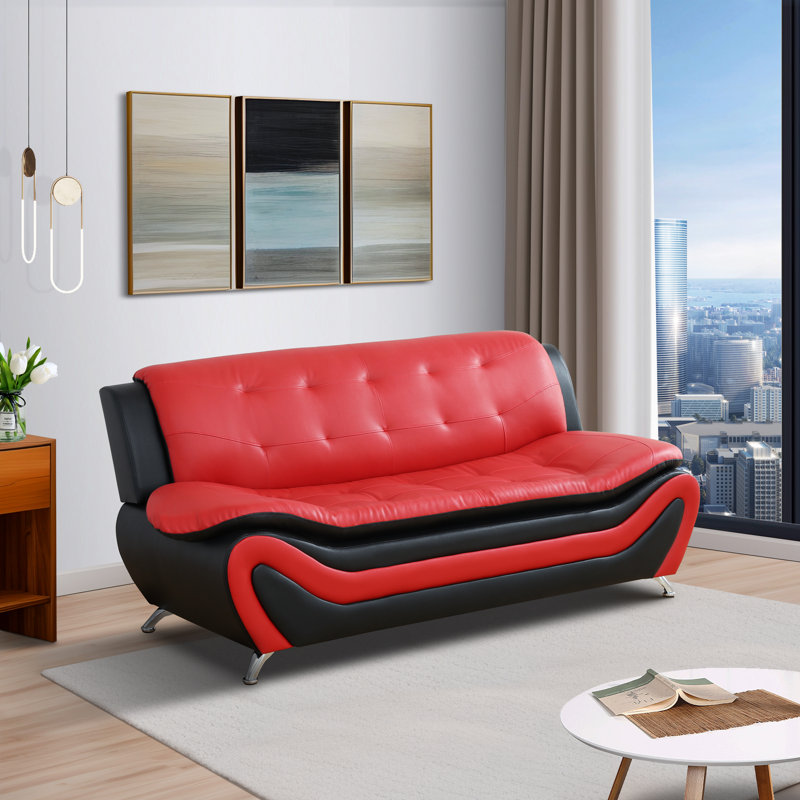 Canapé de salon rembourré, Similicuir noir / rouge Evalina, H 34 po x l 76,5 po x P 32,5 po