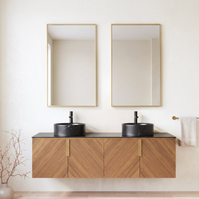 Meuble-lavabo mural simple 36 po x P 18 po x H 34 po à grain de bois chêne brun avec vasque ronde en céramique intégrée et plateau en pierre frittée noire