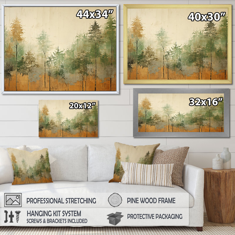 «Green Beige Wild Forest Essence I - Tachisme», art mural, Cadre doré à coins fermés, H 12 po x l 20 po x P 1 po