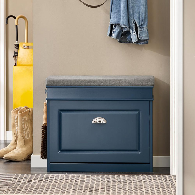 Banc de rangement en bois bleu avec 1 tiroir rabattable, banc d'entrée rembourré avec rangement pour le couloir et la chambre à coucher, H 20,47 po x l 23,6 po x P 9,45 po