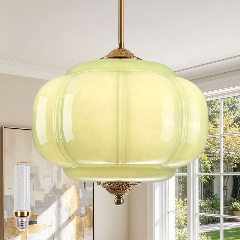 Suspension vintage en verre en forme de citrouille, plafonnier à intensité variable 3 couleurs avec ampoule DEL à culot E26