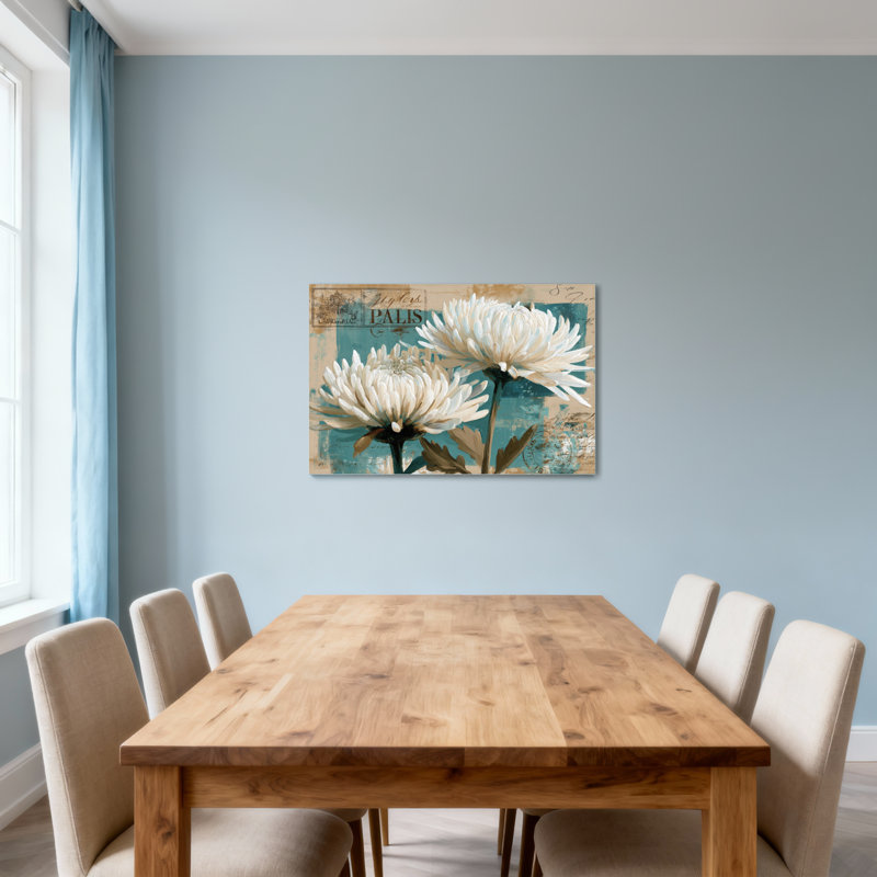 Plantes et fleurs de chrysanthèmes blancs sur fond rétro avec éléments de texte, H 24 po x l 36 po