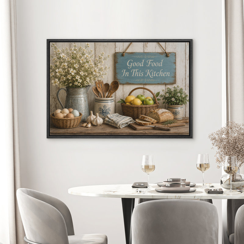 «Good Food In This Kitchen Rustic Farmhouse Kitchen Decor», reproduction d'art sur toile encadrée, 24" H x 36" W x 1.5" D