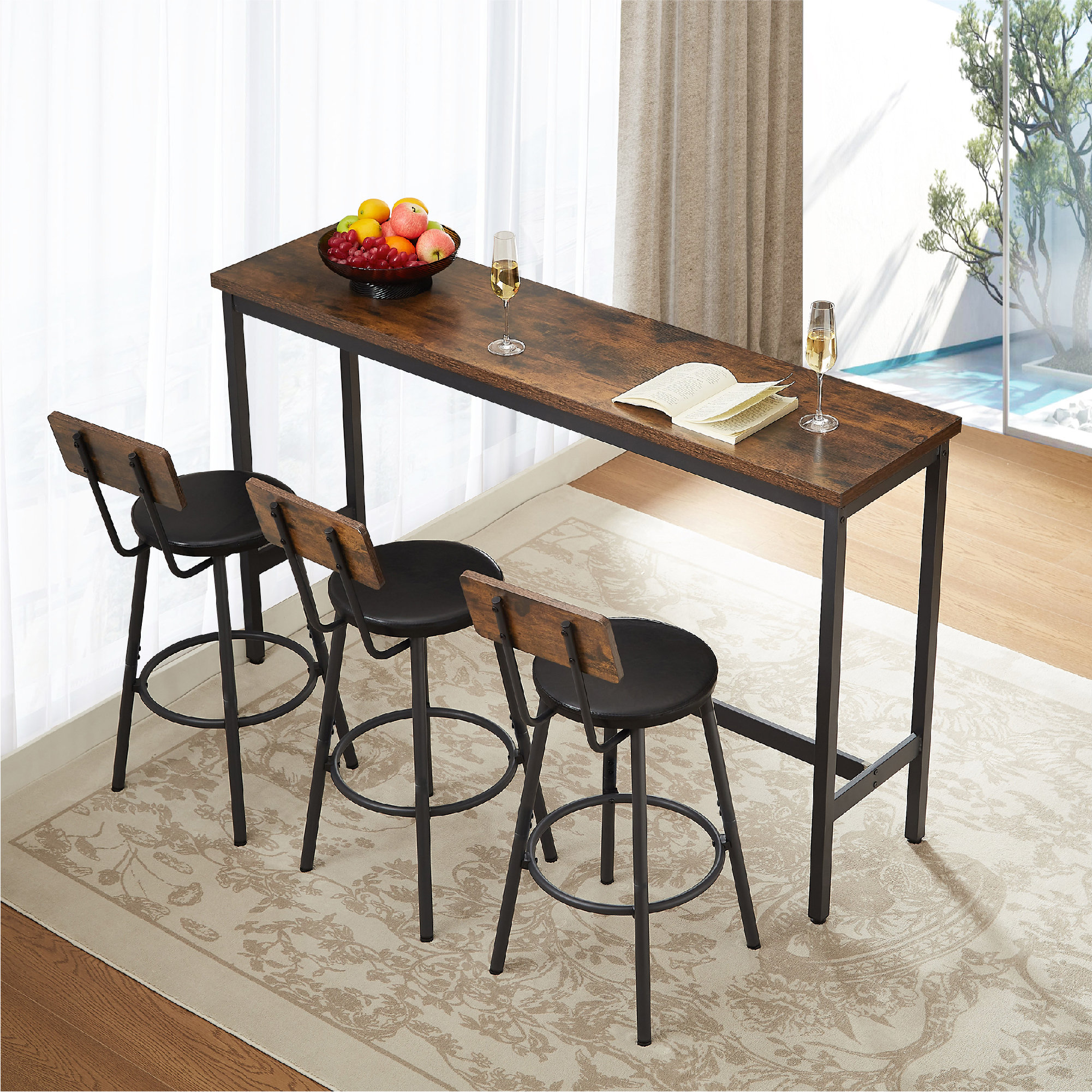 Ebern Designs Long Bar Table Set With 3 PU Upholstered Bar Stools ...