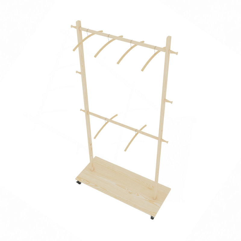 Solid Wood Garment Clothes Drying Rack With 6 Wooden Hangers, Space-Saving Design, Adjustable Shelf, And Wheels For Easy Mobility – Perfect For Bedroom, Living Room, Or Entryway
