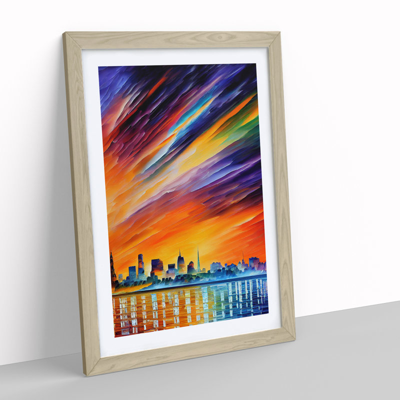 City Skyline At Sunset No.3 - Single Picture Frame Painting, 64cm H x 46cm W x 2cm D, Oak
