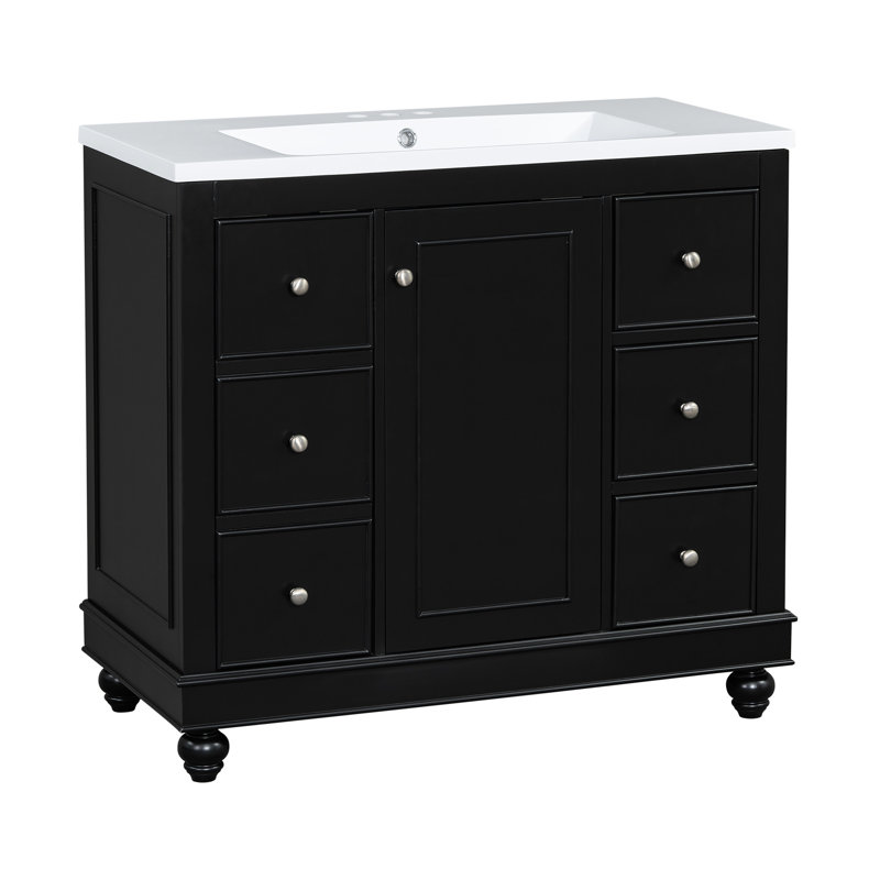 Meuble-lavabo noir, 36 x 18 x 34 po, 4 tiroirs 1 porte, lavabo en résine, tablettes réglables, bois massif et design contemporain