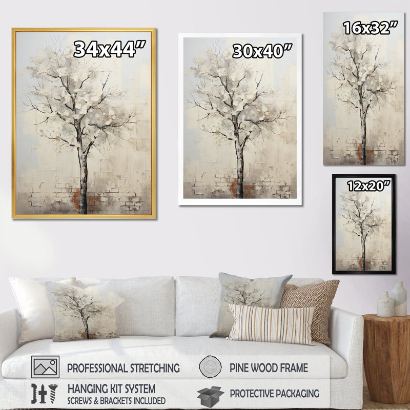 Baobab arbre beige minimalisme III - décoration murale arbre baobab, Cadre flottant blanc, H 40 po x l 30 po