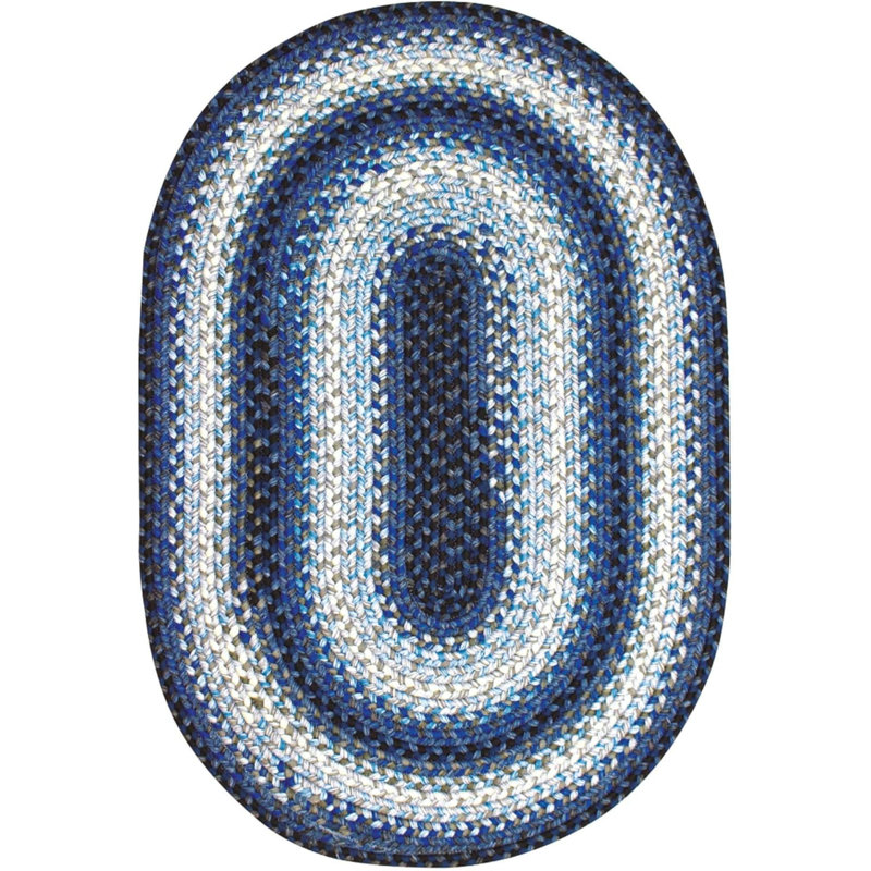  Washable Braided Rug Reversible Indoor/Outdoor Black/White/Ivory/Blue Rug, Oval 1'8" x 2'6"