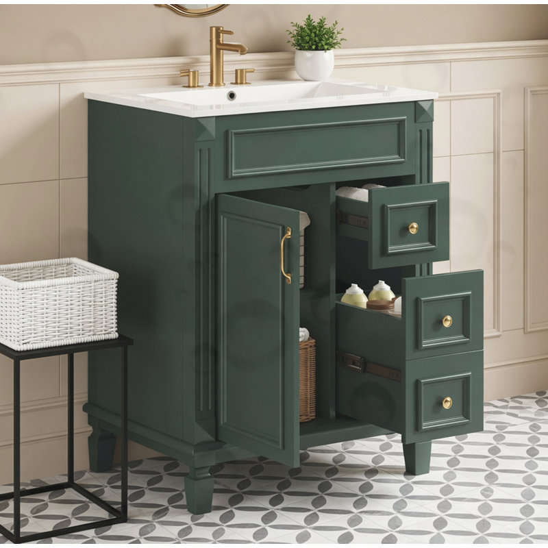 Meuble-lavabo de salle de bain avec lavabo en céramique et tablette réglable, Vert