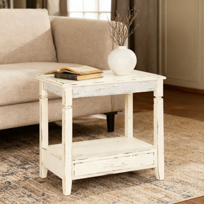 Farmhouse Side Table With Drawer And Shelf, White-Washed Botanical Embossed Metal Accents, Versatile End Table For Living Room Or Bedroom