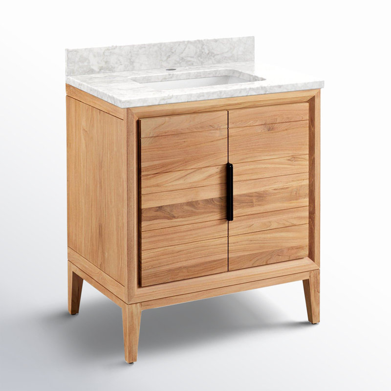 30" Aliso Single Bathroom Vanity Set with Rectangular Undermount Sink, Single-Hole Centered, Carrara Marble, Natural Teak