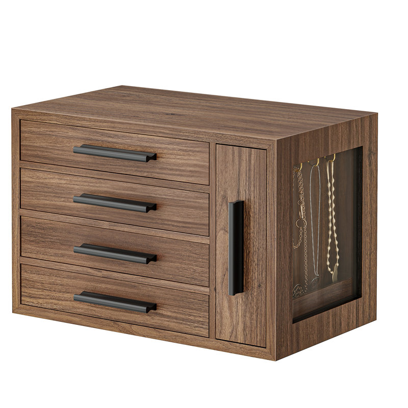 Organisateur de boîte à bijoux en bois avec fenêtre transparente, boîte à bijoux à 4 couches, organisateur de porte-bijoux pour boucles d'oreilles, colliers, bagues