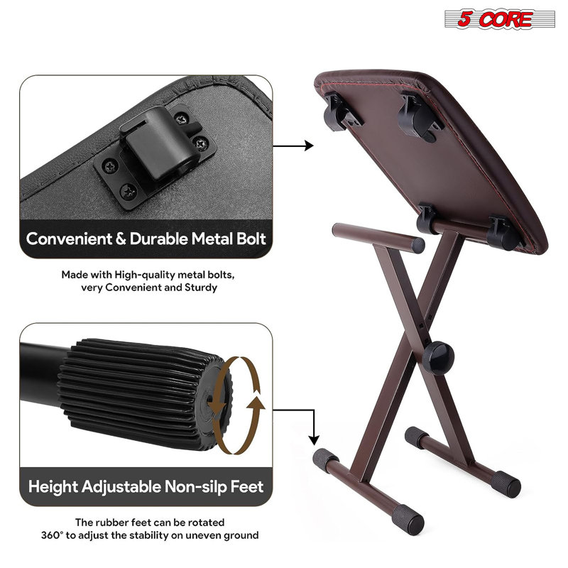 5 Core Keyboard Bench X-Style Height Adjustable from 16.3-19.6in KBB 02 WH Clebert, Brown