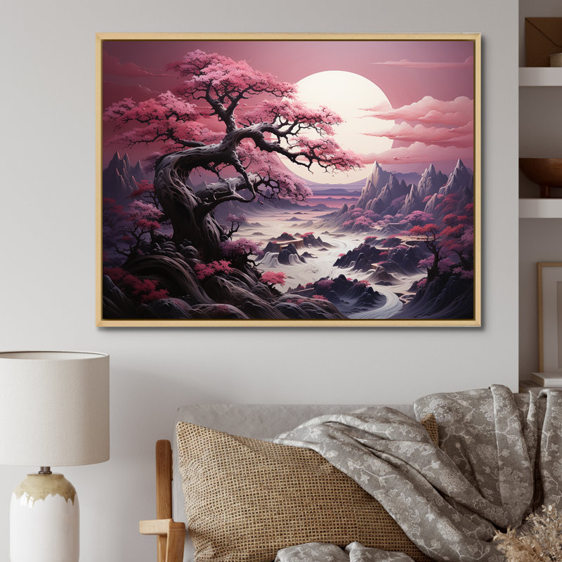 Fleur de cerisier mauve au bord du lac III - Art mural cerisier en fleurs, Cadre flottant brun, H 30 po x l 40 po x P 1,5 po