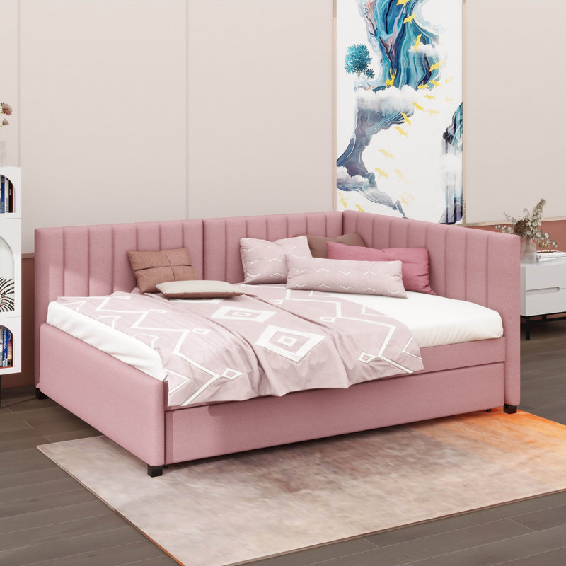Upholstered Daybed with Trundle Sofa Bed Frame, Pink, Full