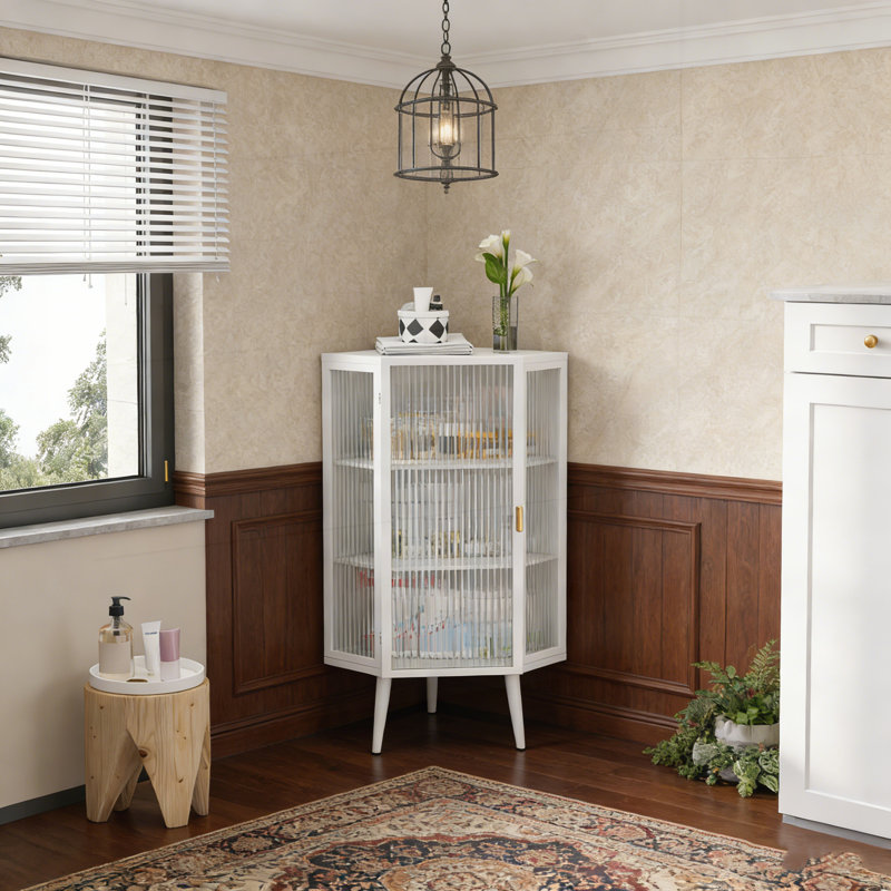 22.25'' Floor Coner Cabinet,Three Tiers with Tempered Glass Doors and Storage Shelves for Bathroom, Living Room and Bedroom