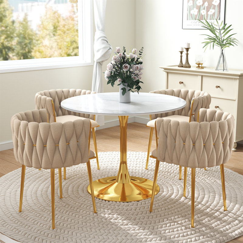 Round Pedestal Dining Set with Woven Dining Chair, Beige