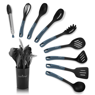 10 pièces Ensemble d'ustensiles de cuisine en silicone résistant à la chaleur - Outils de cuisson antiadhésifs avec support en PP (gris et noir)