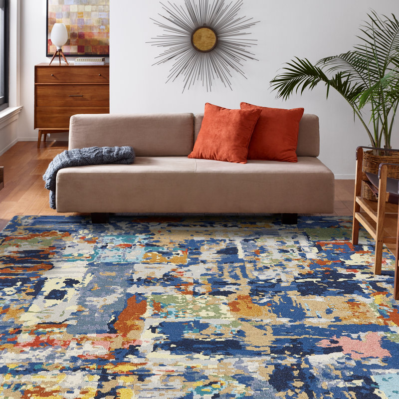 Wool Abstract Area Rug in Blue, Runner 2'6" x 12'