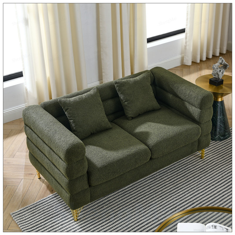 Oversized 2 Seater Sectional Sofa with Deep Seating, Soft Fabric, and 2 Lumbar Pillows for Living Room Comfort, Green Teddy