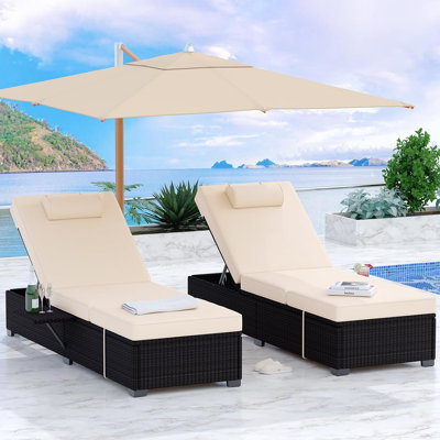 Patio Chaise Lounge Chairs Set of 2, PE Wicker with Adjustable Backrest, Storage Table Included, Rattan, Outdoor Poolside Furniture