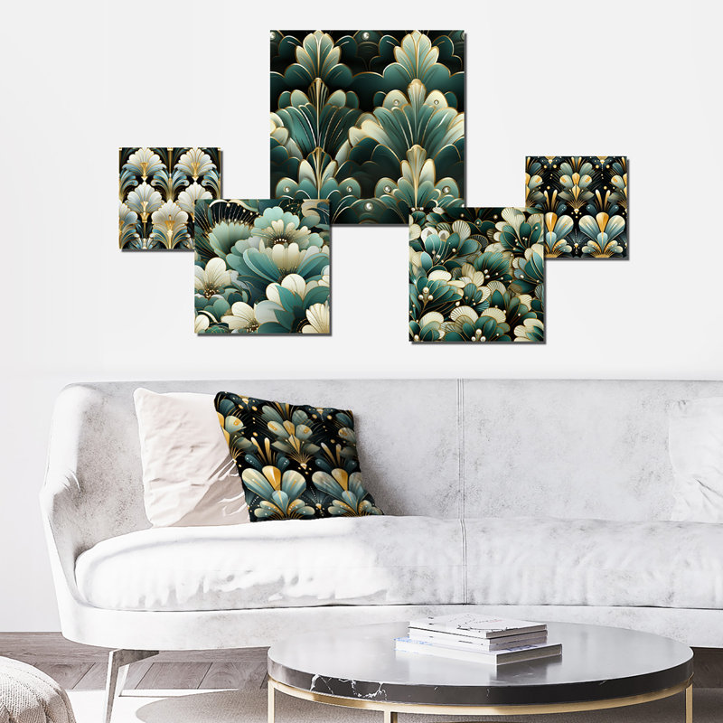 Damask Gold and White Art Decor I - ensemble d'art mural damassé de 5
