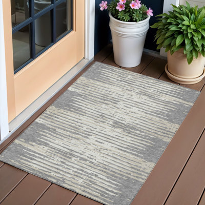 Tapis intérieur lavable rayé gris et ivoire 3 pi x 5 pi