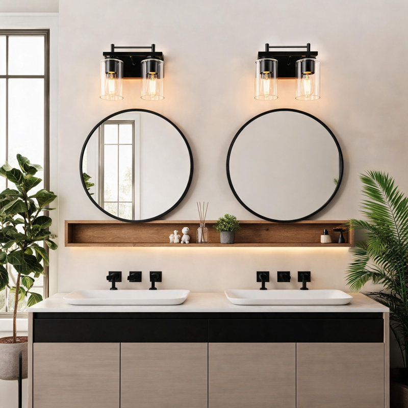 Éclairage pour meuble-lavabo de salle de bain 2 lumières avec abat-jour transparent pour salle de bain, miroir, Noir mat