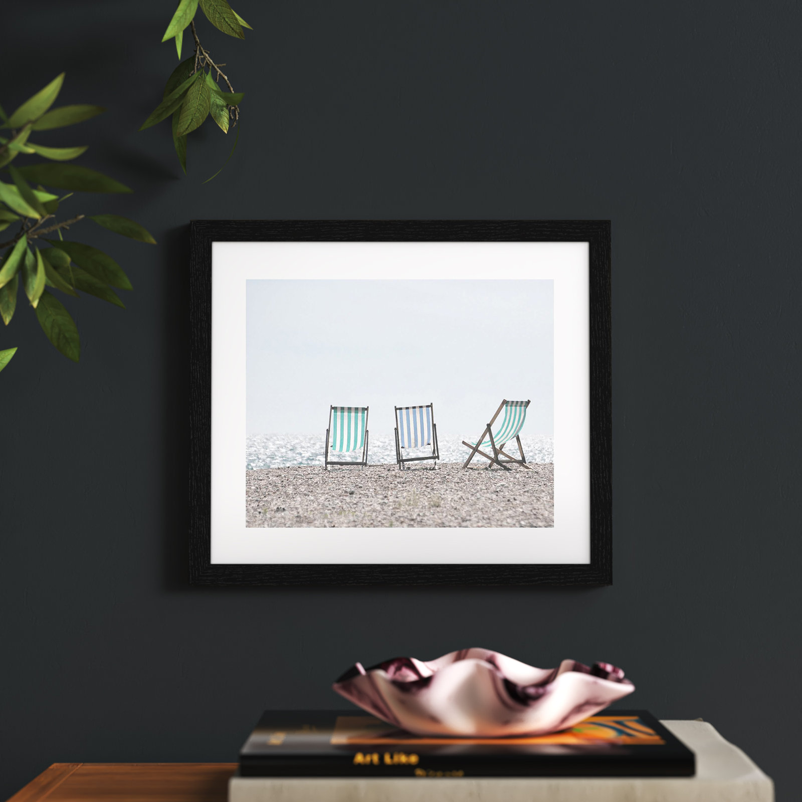 Adriatica "Beach Chairs" Print, 13" H x 15" W x 0.75" D, Black Wood Grain Framed Paper