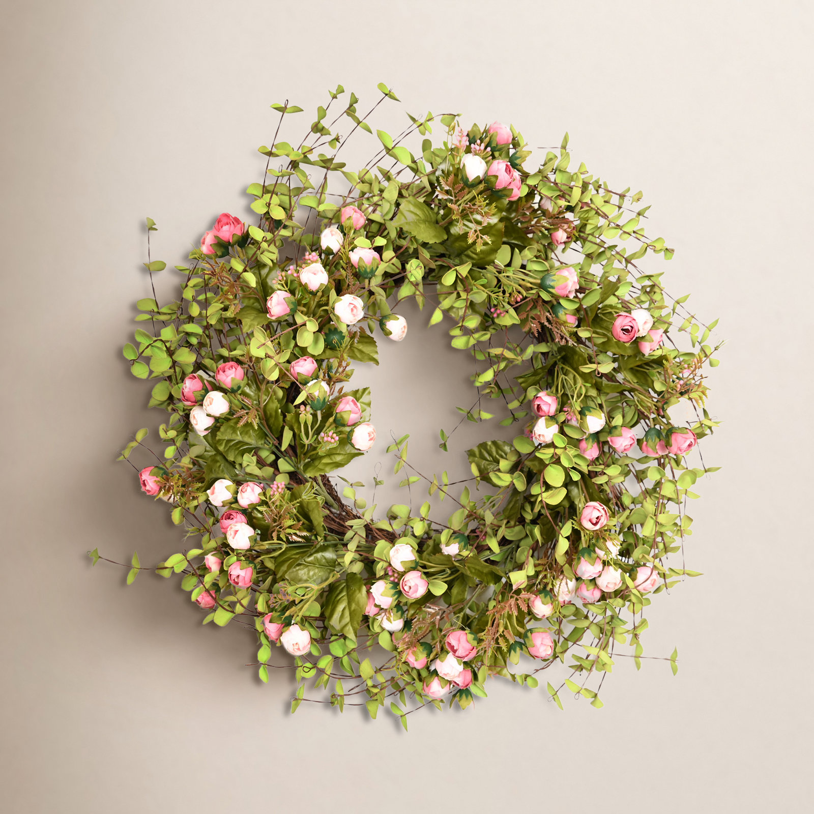 Birch Lane™ 26" Artificial Farmhouse Twig Blossoms Cluster Greenery Mini Eucalyptus Rose Spring Summer Wreath For Front Door Wedding Party Home Decor | Birch Lane