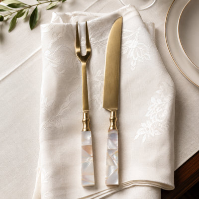 Ensemble d'ustensiles de sculpture moderne en nacre et acier dans une boîte pour table à manger - Service de cuisine pour le divertissement et la restauration - ensemble de 2, blanc et or