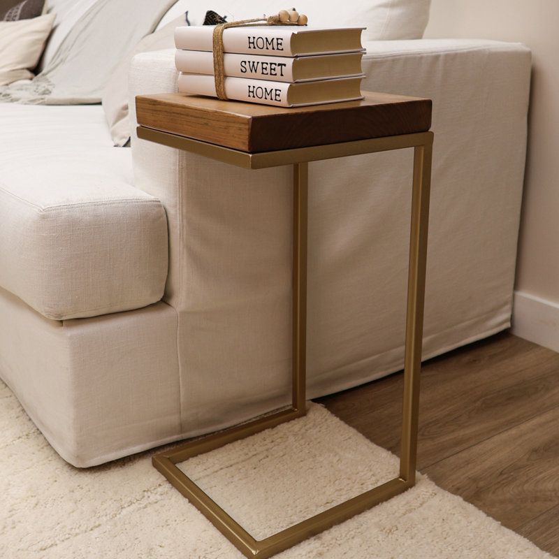 C Shape Rustic Side Table, Aged Oak, Gold