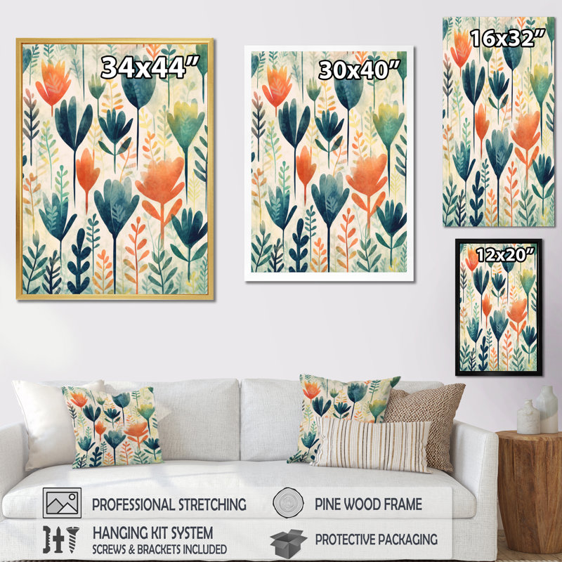 Motif floral sarcelle corail et scandinave, Cadre photo noir, H 32 po x l 16 po x P 1 po