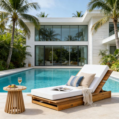 Chaise longue en bois d'acacia avec coussin mobile, chaise longue, fauteuil inclinable à 3 positions pour le jardin, au bord de la piscine