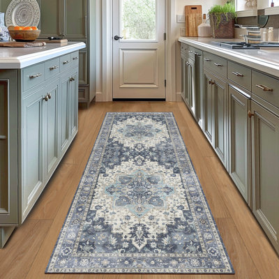 Transitional Navy Machine Washable Non-Slip Area Rug