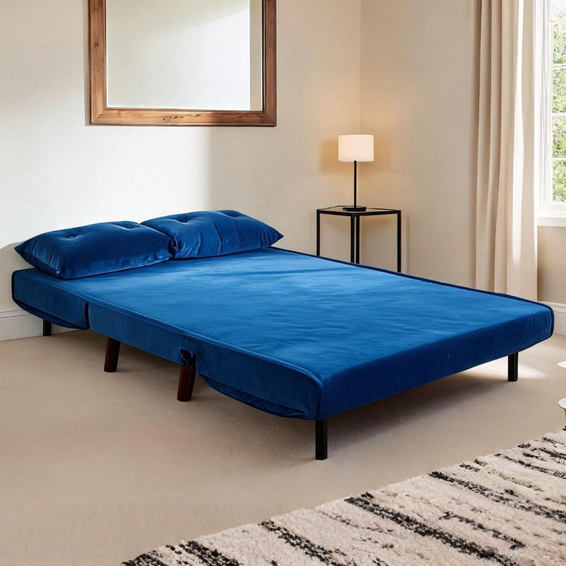 Lonara Two Seater Upholstered Double Sofa Bed, Blue Velvet