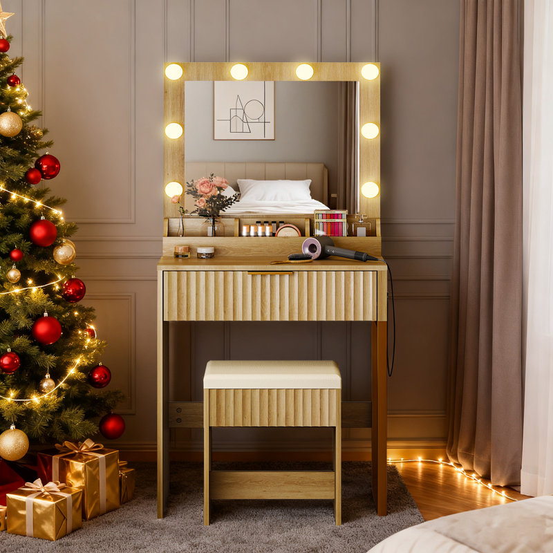 Dressing Table Set - 1 Drawer & 3 Compartments, 8 Dimmable Bulbs, Beige