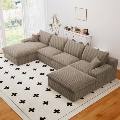 Canapés modulaires en forme de U Boneless de 136 po, canapé modulaire en velours côtelé avec repose-pieds réversible, canapé 4 places avec coussins décoratifs, canapé en L rembourré pour le salon