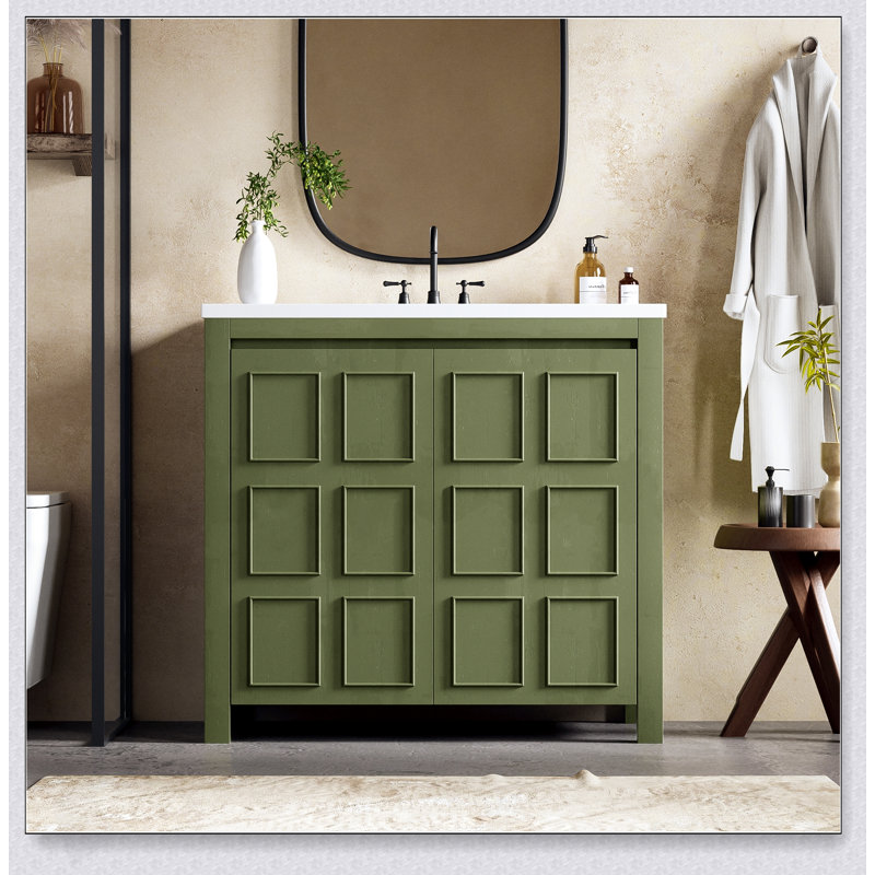 Organisateur de meuble-lavabo vert olive de 36 pouces avec lavabo, charme rustique et amplement de rangement pour les salles de bain modernes