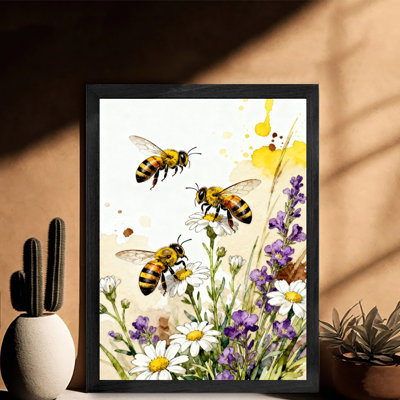 Black Framed Vintage Bees are active in the flowers and plants Wall Art Retro Style Framed Prints