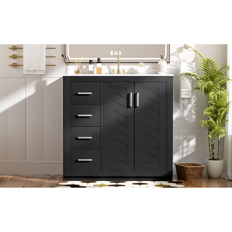 Armoire de salle de bain 36 po avec lavabo en céramique, charnières, 3 tiroirs, rangement spacieux, motif de rainure unique, poignée en métal exquise, glissière de tiroir lisse, style rétro, facile à assembler pour 36