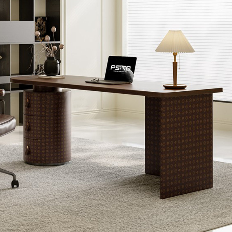 Bureau en bois manufacturé demi-cercle noisette + brun avec 3 tiroirs, H 29,53 po x l 55,12 po x P 27,56 po, Retour à gauche